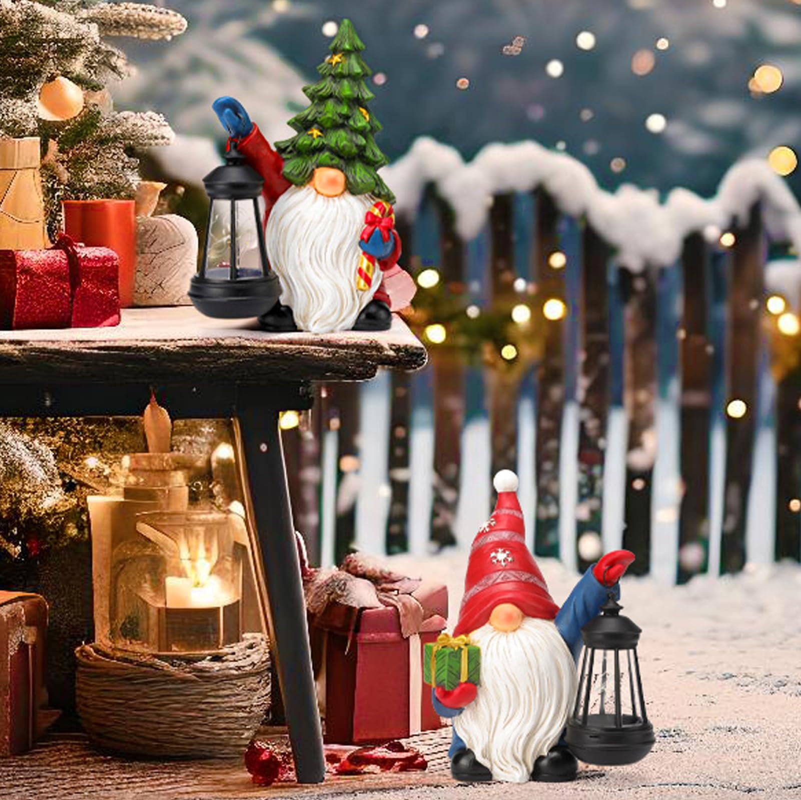 WONDHOME gnome placed on porch step adding festive curb appeal and solar illumination