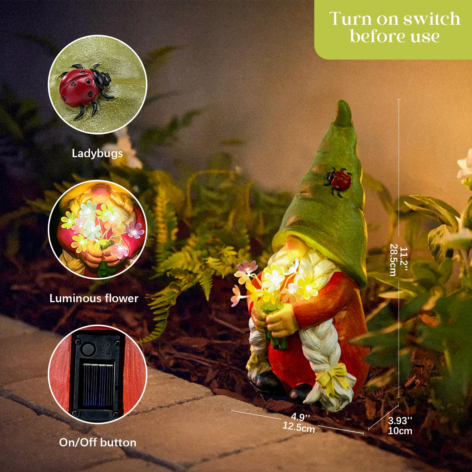 WONDHOME gnome top view of solar panel and switch showing charge system benefit: easy solar operation