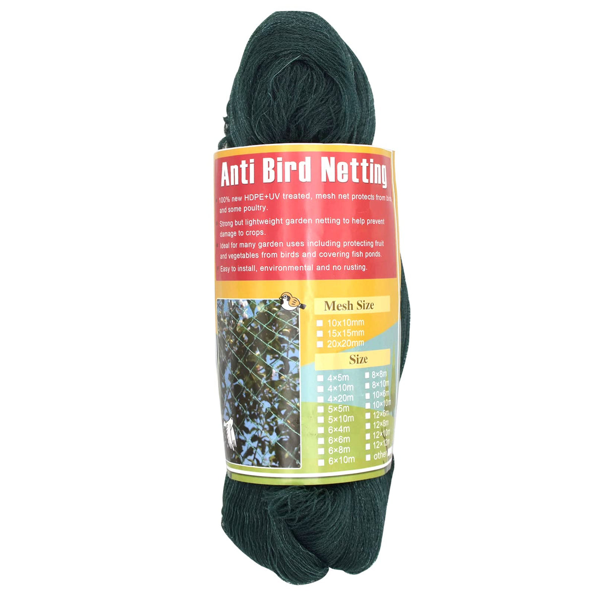 wondihao front packaging of bird netting showing product size and coverage benefit