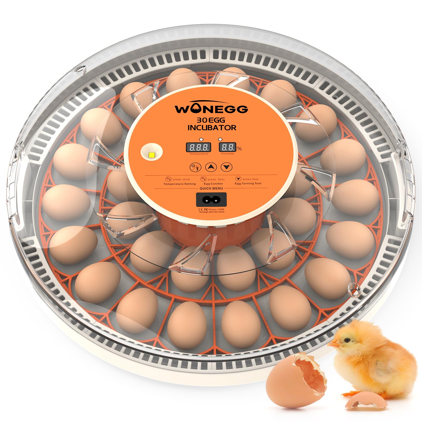 WONEGG incubator front view showing closed lid and clear chamber for easy monitoring