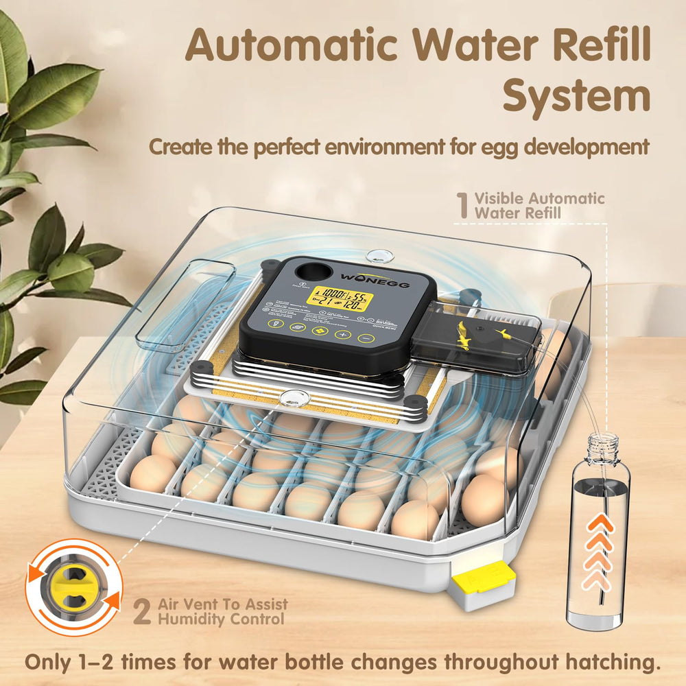 WONEGG humidifier mechanism detail illustrating automatic water draw and steady moisture