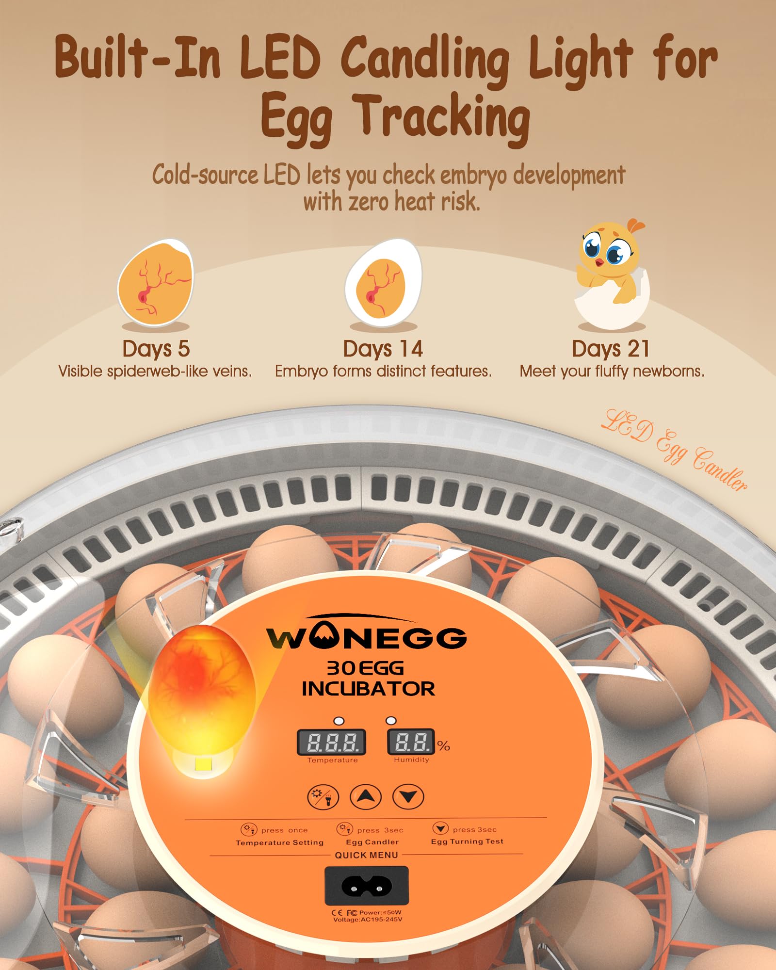 WONEGG LED candler illuminating egg interior for safe observation benefit