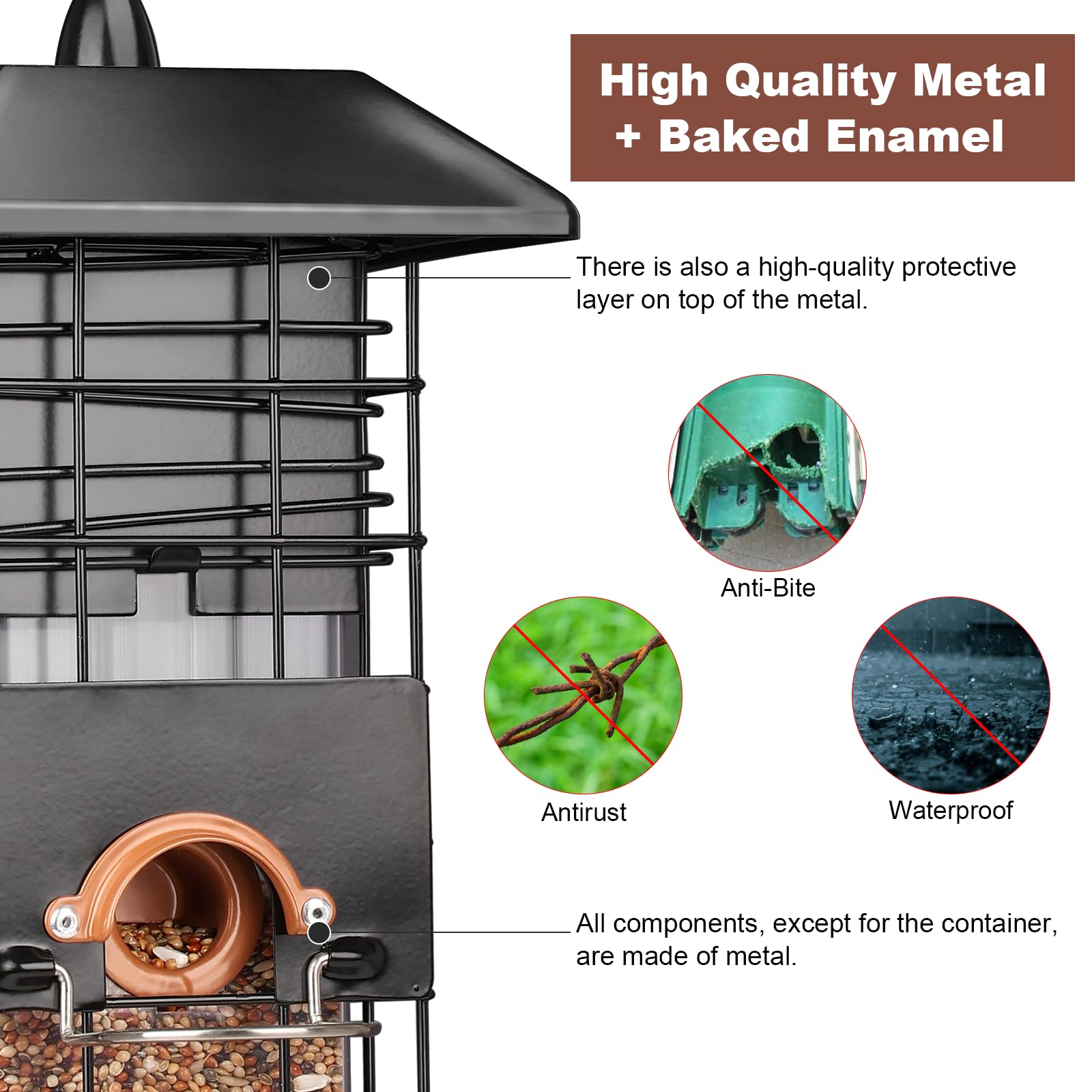 WONLIVE feeder hanging from a branch, secure steel wire reduces sagging
