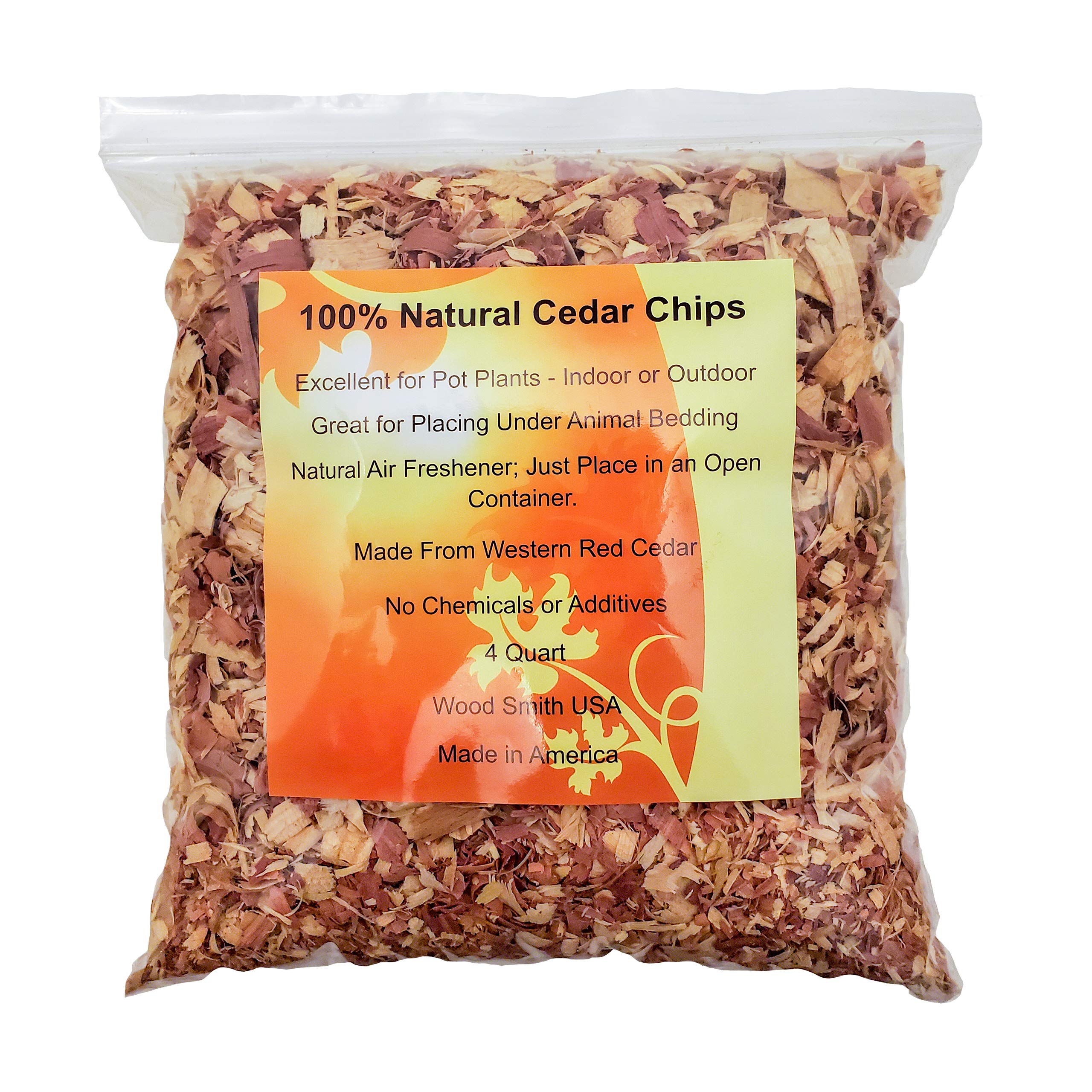 Wood Smith USA front-of-bag showing 16 quart cedar shavings and product branding benefits