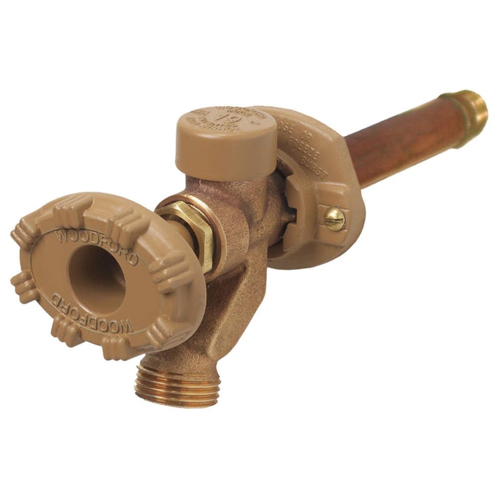 Woodford wall faucet front view showing chrome inlet and durable handle for reliable use
