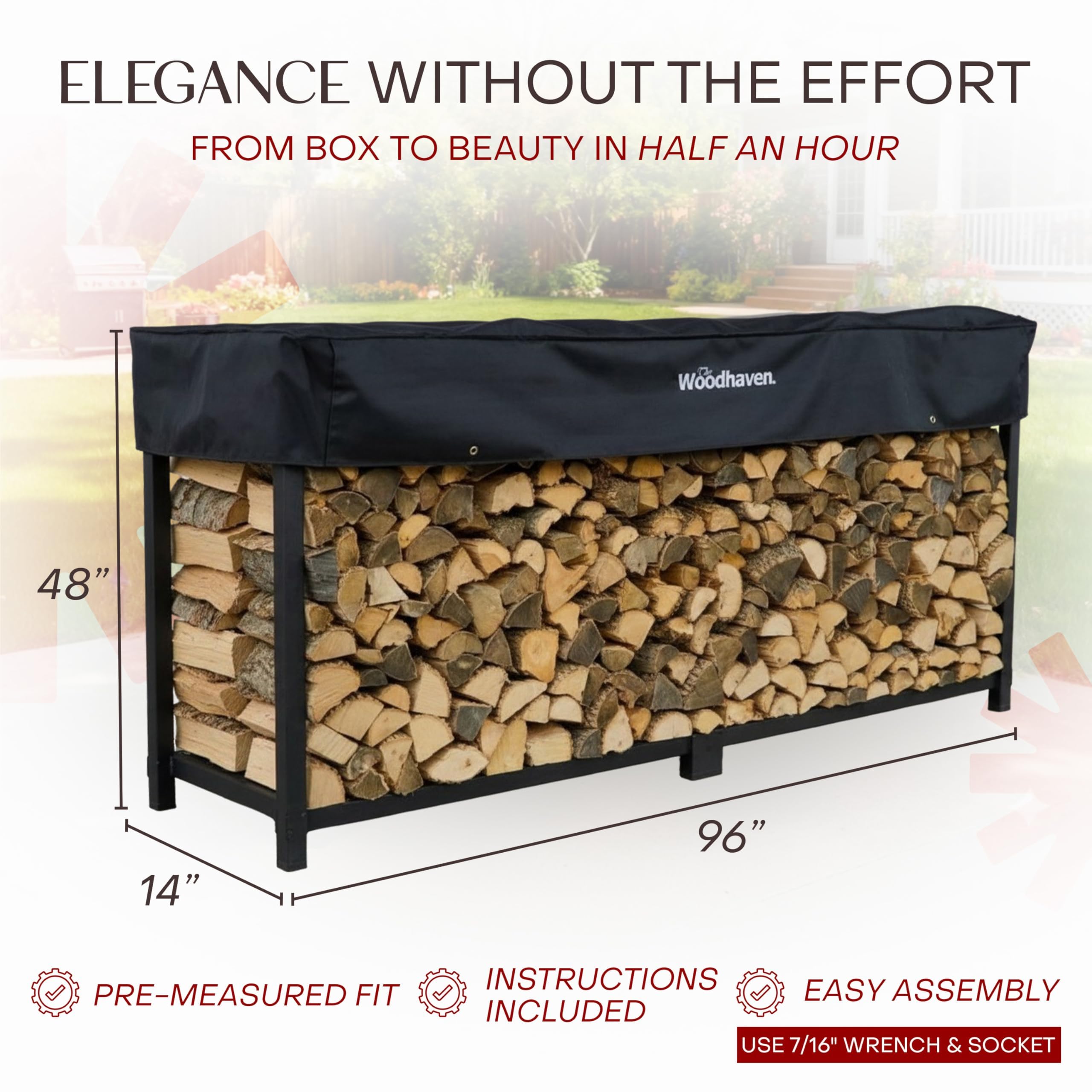 Woodhaven stacked logs detail showing stable stacking and airflow benefit