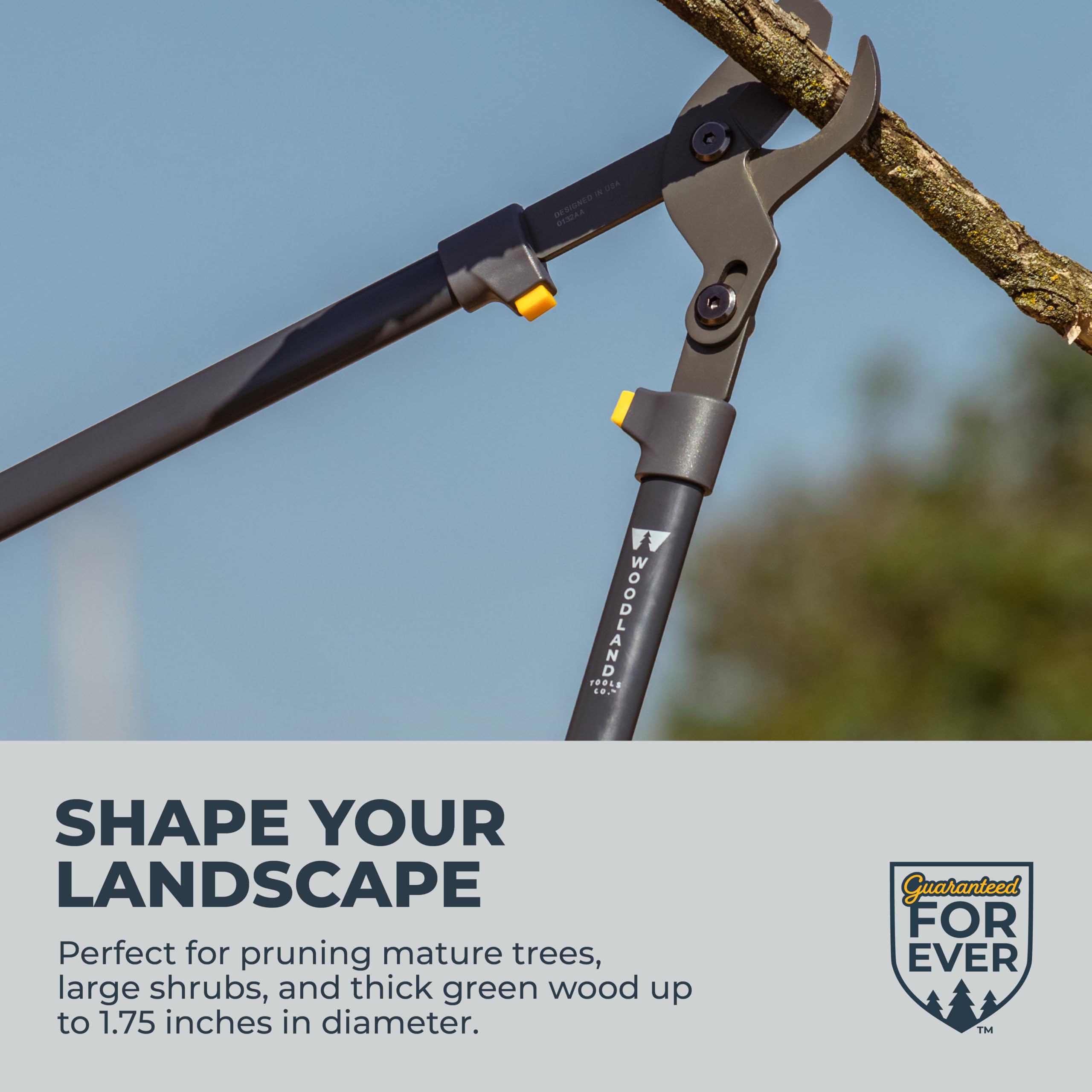 WOODLAND TOOLS cutting a thick branch to demonstrate leveraged power