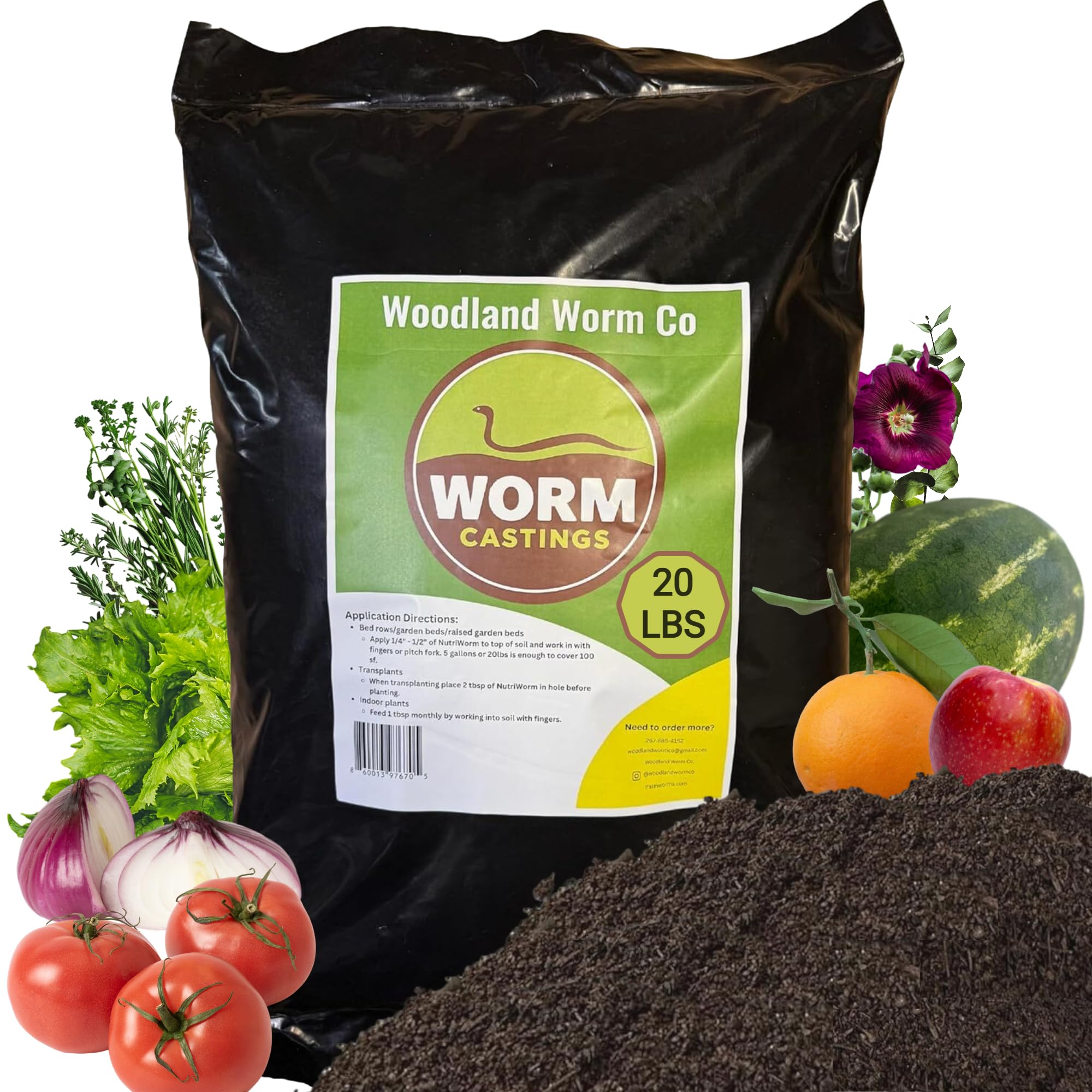 Woodland Worm Co front bag showing product and weight for easy identification and storage