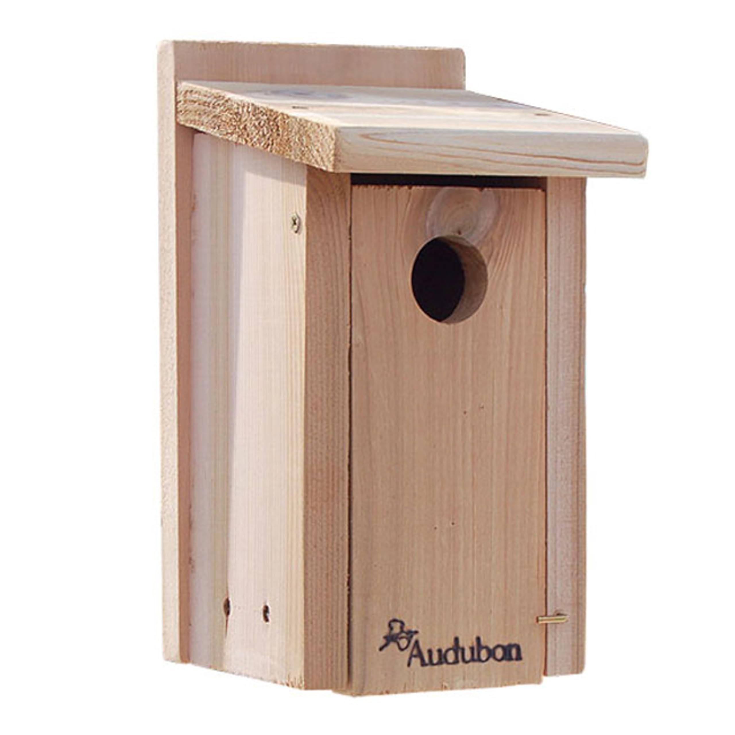 WoodLink Audubon cedar bluebird house front view showing natural finish and entrance hole, durable shelter