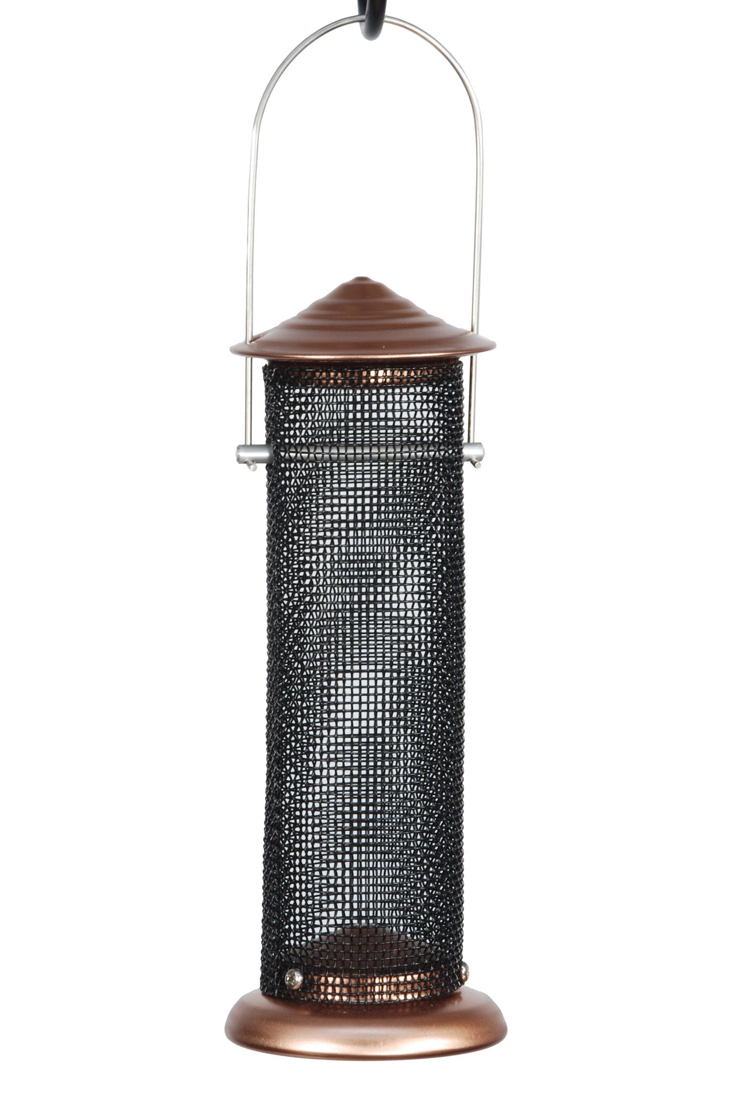 Woodlink Coppertop mini feeder front view showing copper finish and mesh, attractive in garden