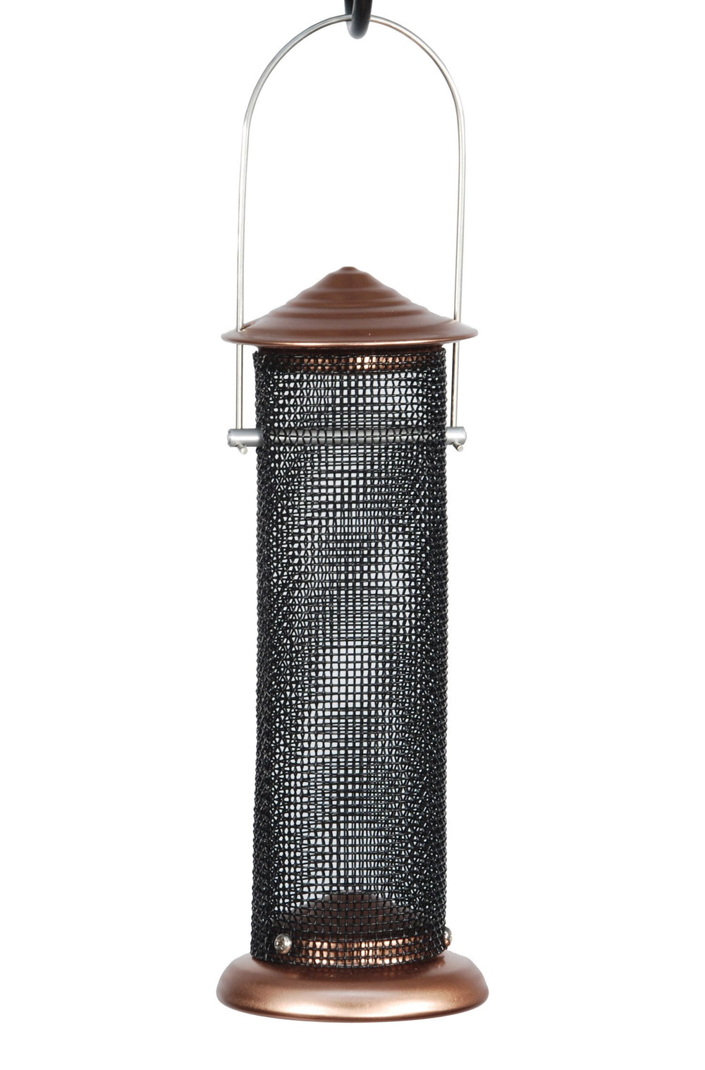 Woodlink Coppertop mini feeder front view showing copper finish and mesh, attractive in garden