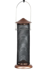 Woodlink Coppertop mini feeder front view showing copper finish and mesh, attractive in garden