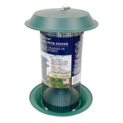 Woodlink MAG1 seed tray detail showing drain holes and reduced seed waste benefit