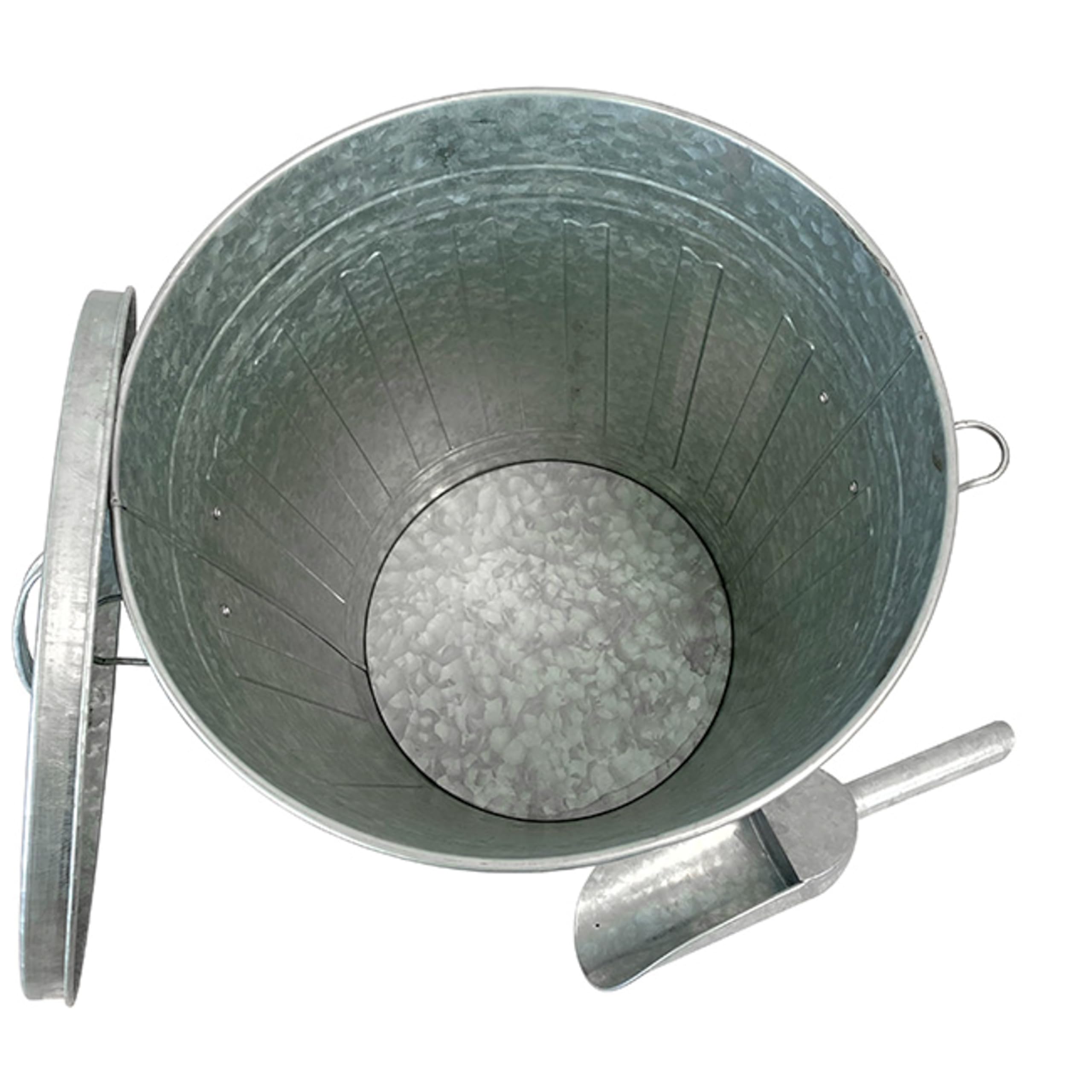 Woodlink bucket next to bird feeder showing scale and convenient refill size