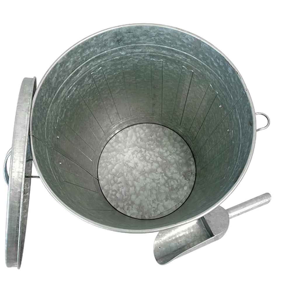 Woodlink bucket next to bird feeder showing scale and convenient refill size