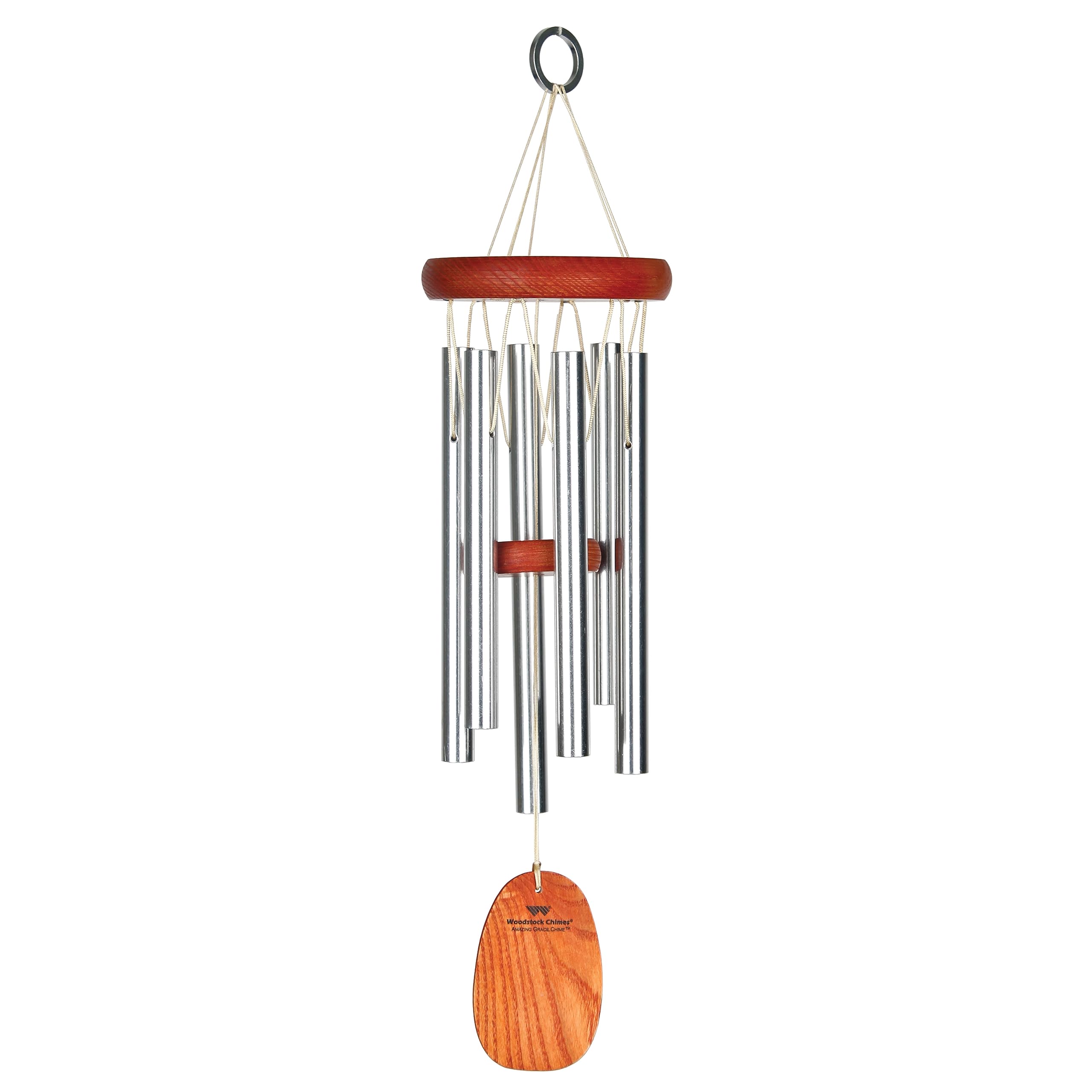 Woodstock Chimes front view showing silver tubes and cherry-finish top, peaceful sound
