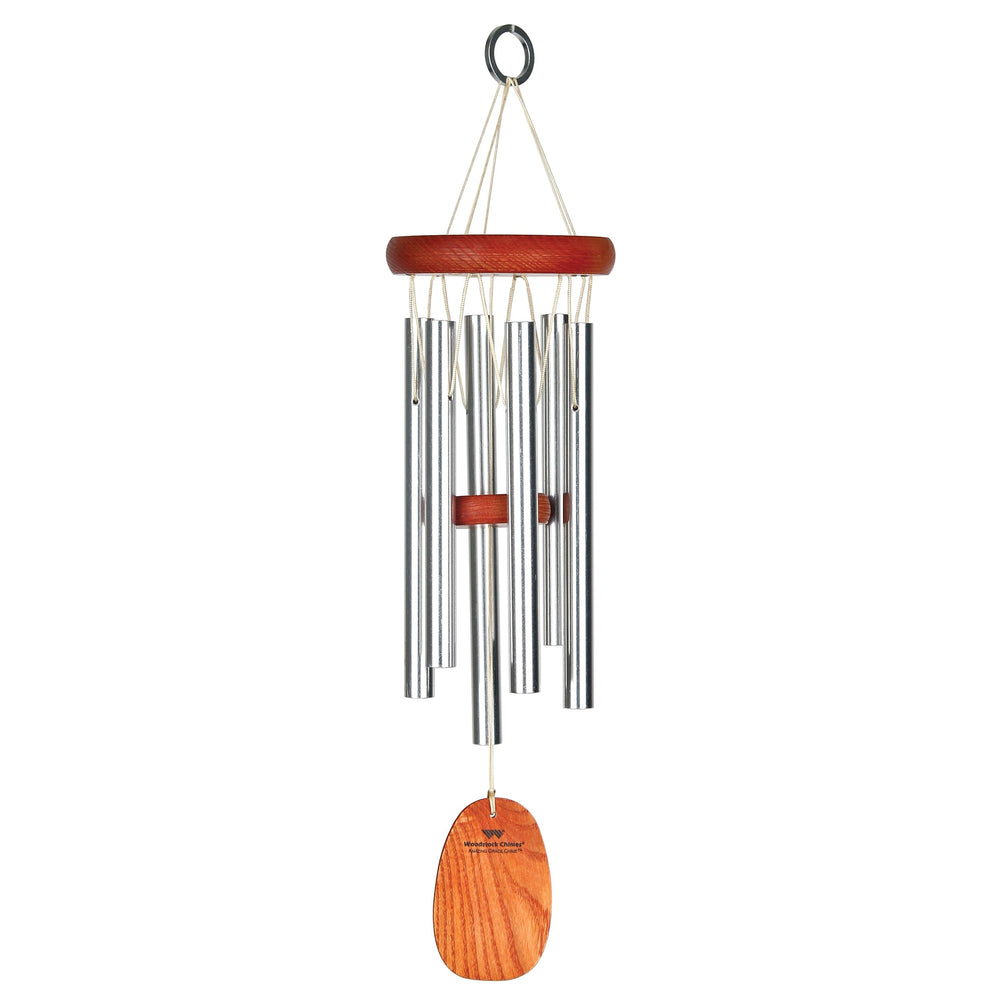 Woodstock Chimes front view showing silver tubes and cherry-finish top, peaceful sound