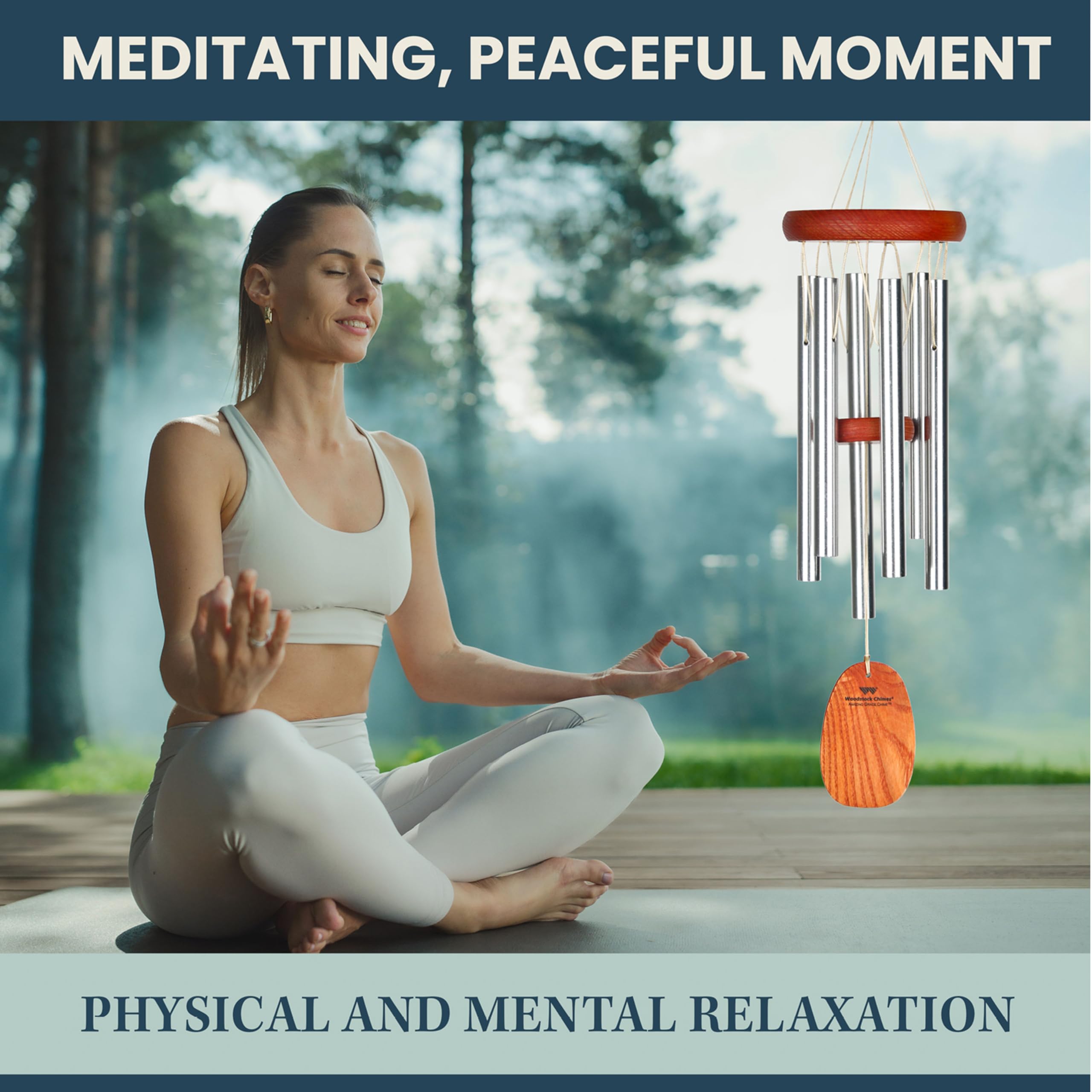 Woodstock Chimes hanging on a porch, creates calming outdoor atmosphere