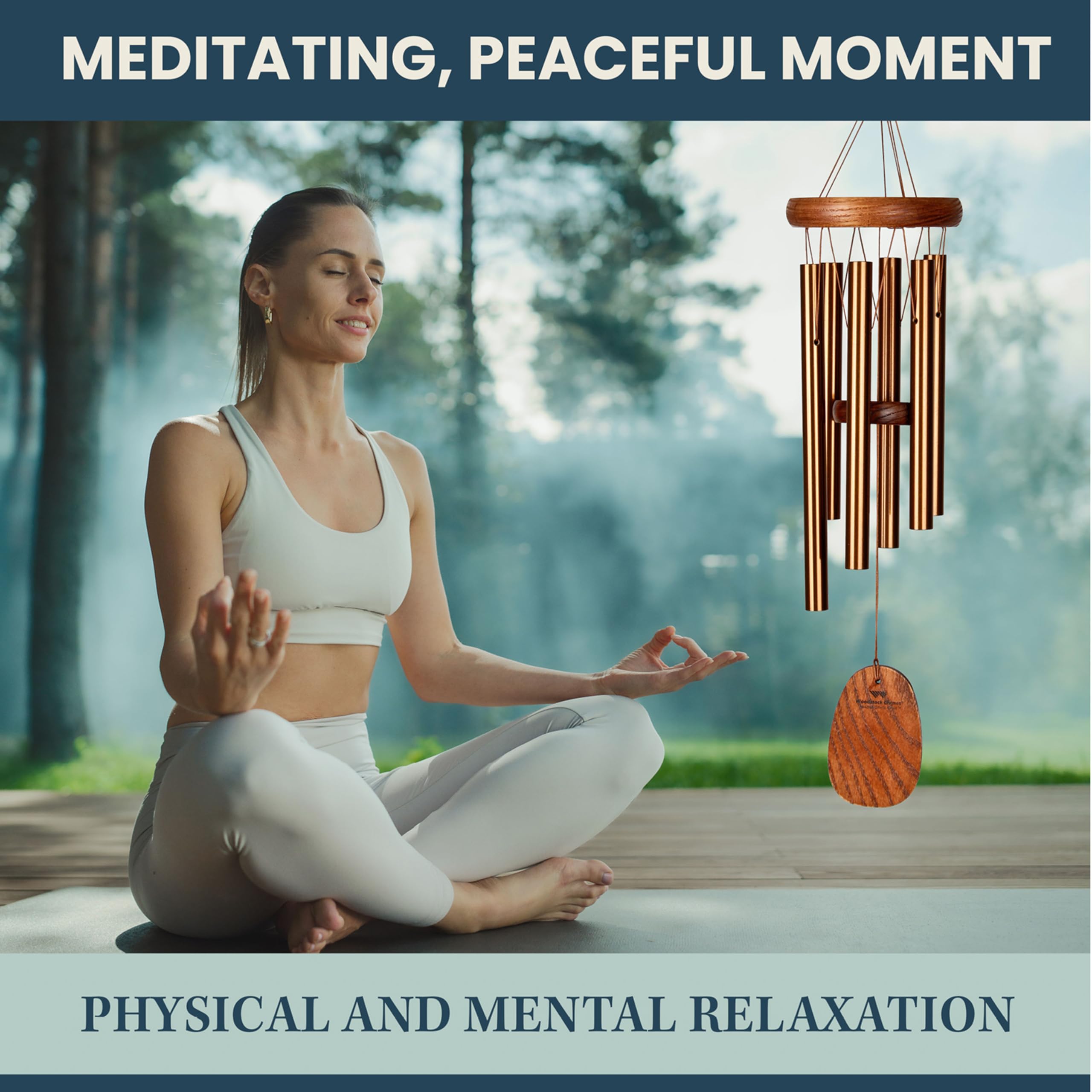 Woodstock Chimes hanging on a porch adding peaceful music and decorative charm outdoors
