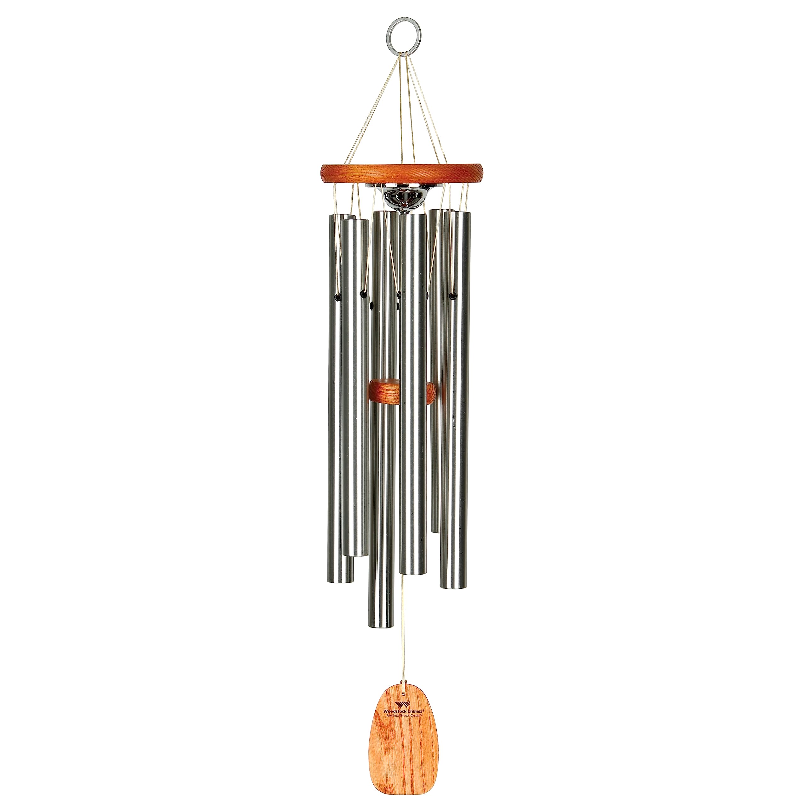 Woodstock Chimes front view showing elegant cherry finish and hanging ring benefit memorial display