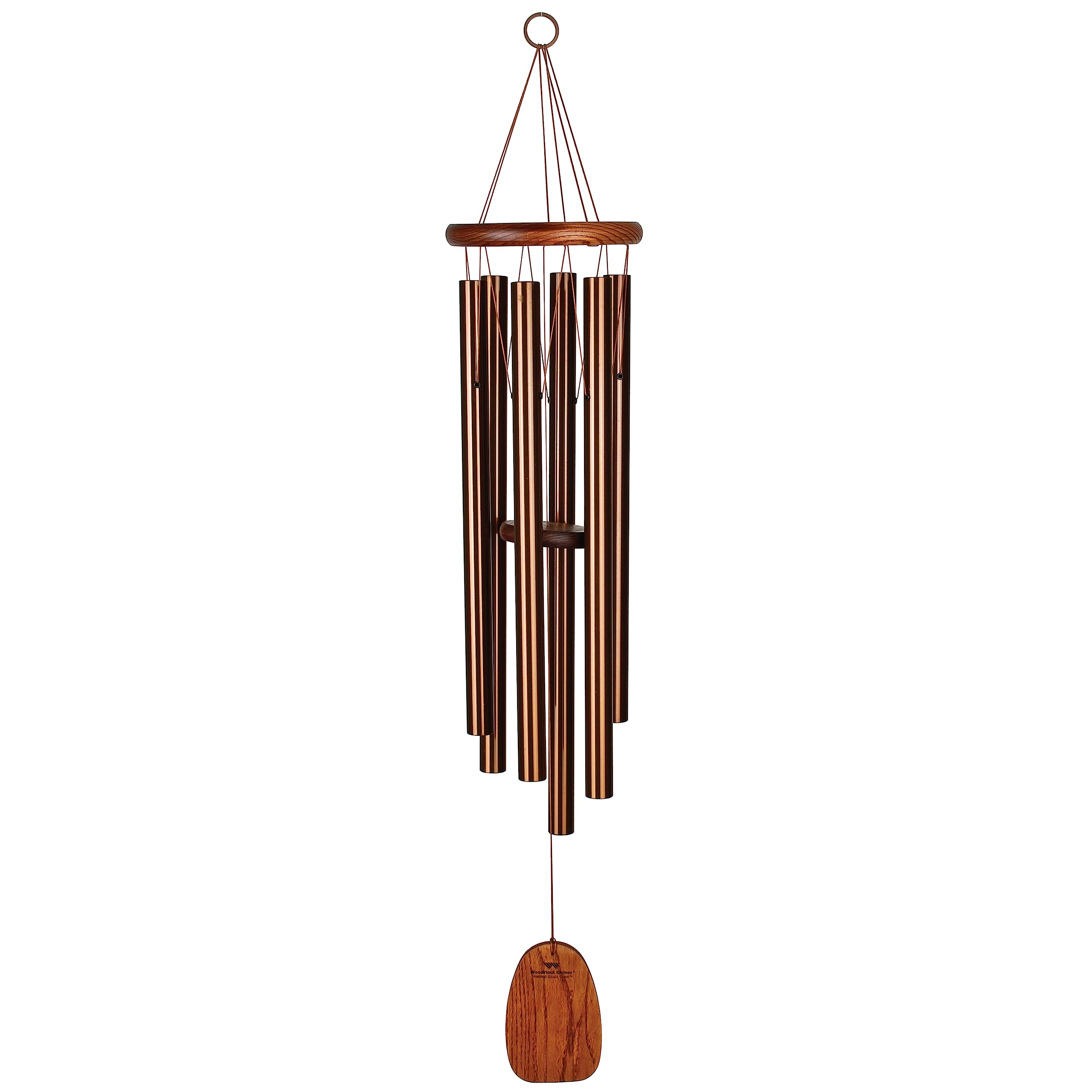 Woodstock Chimes front view showing bronze tubes and teak wood top, adding soothing melody
