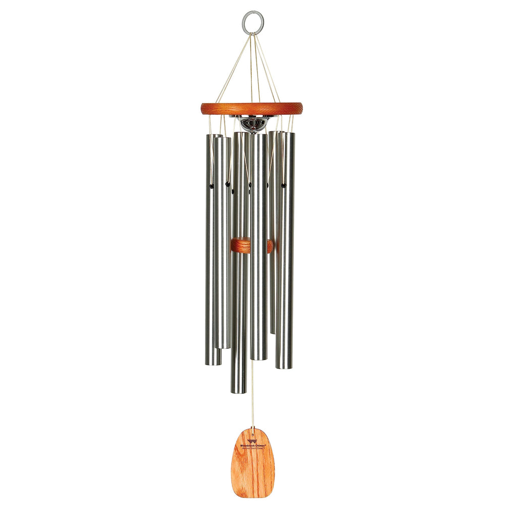 Woodstock Chimes front view showing elegant cherry finish and hanging ring benefit memorial display
