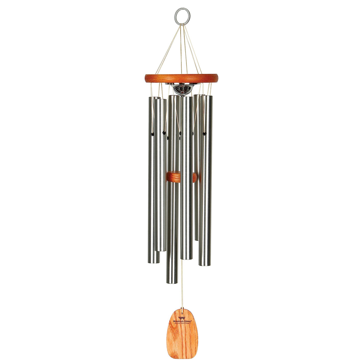 Woodstock Chimes front view showing elegant cherry finish and hanging ring benefit memorial display