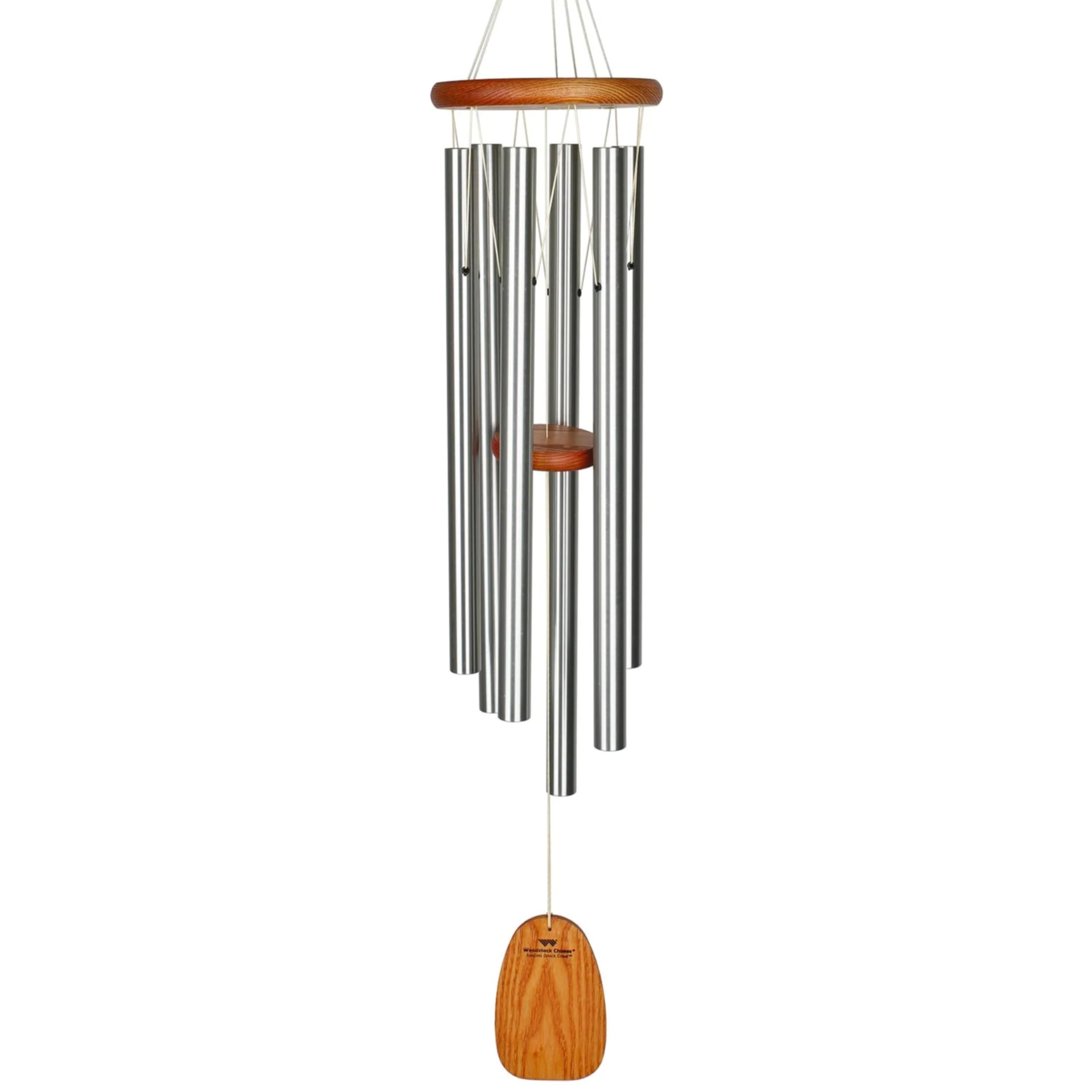 Woodstock Chimes front view showing full 40" chime and elegant finish benefit: soothing outdoor sound