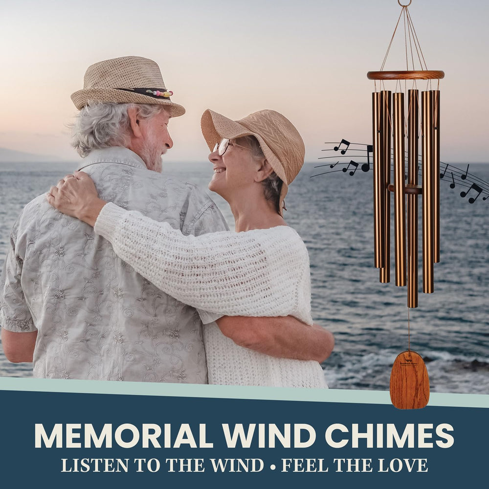 Woodstock Chimes hanging on a porch, providing calming sound and upscale porch decor