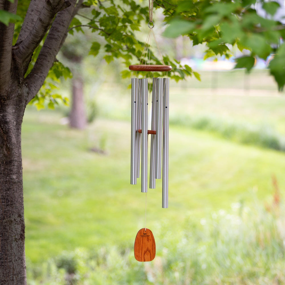 Woodstock Chimes materials overview showing wood and tubes benefit: crafted for durable outdoor use