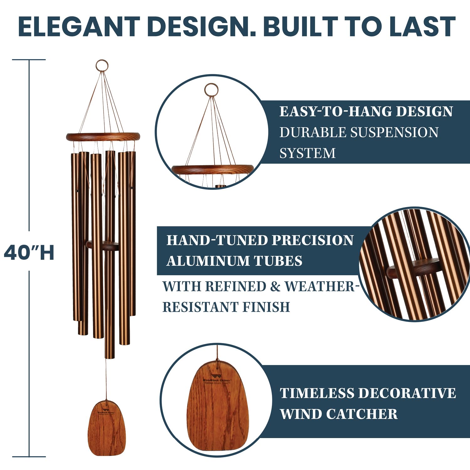 Woodstock Chimes next to a ruler to show 40-inch scale, clarifying size and reach