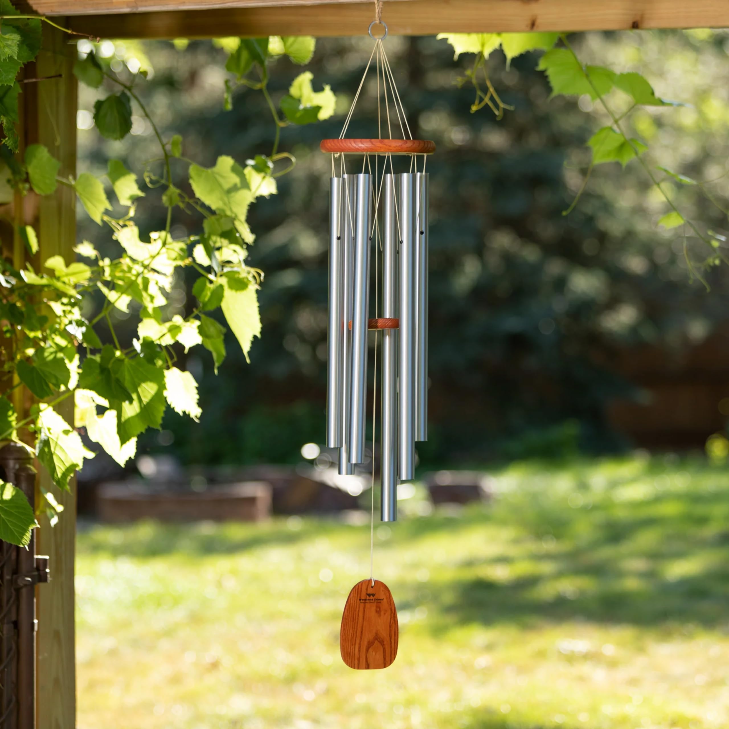Woodstock Chimes top detail with cherry-finish ash wood benefit: stable resonance and visual warmth