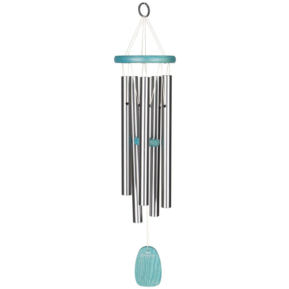 Woodstock Chimes Beachcomber front view showing green wood top and tubes for peaceful patio sound
