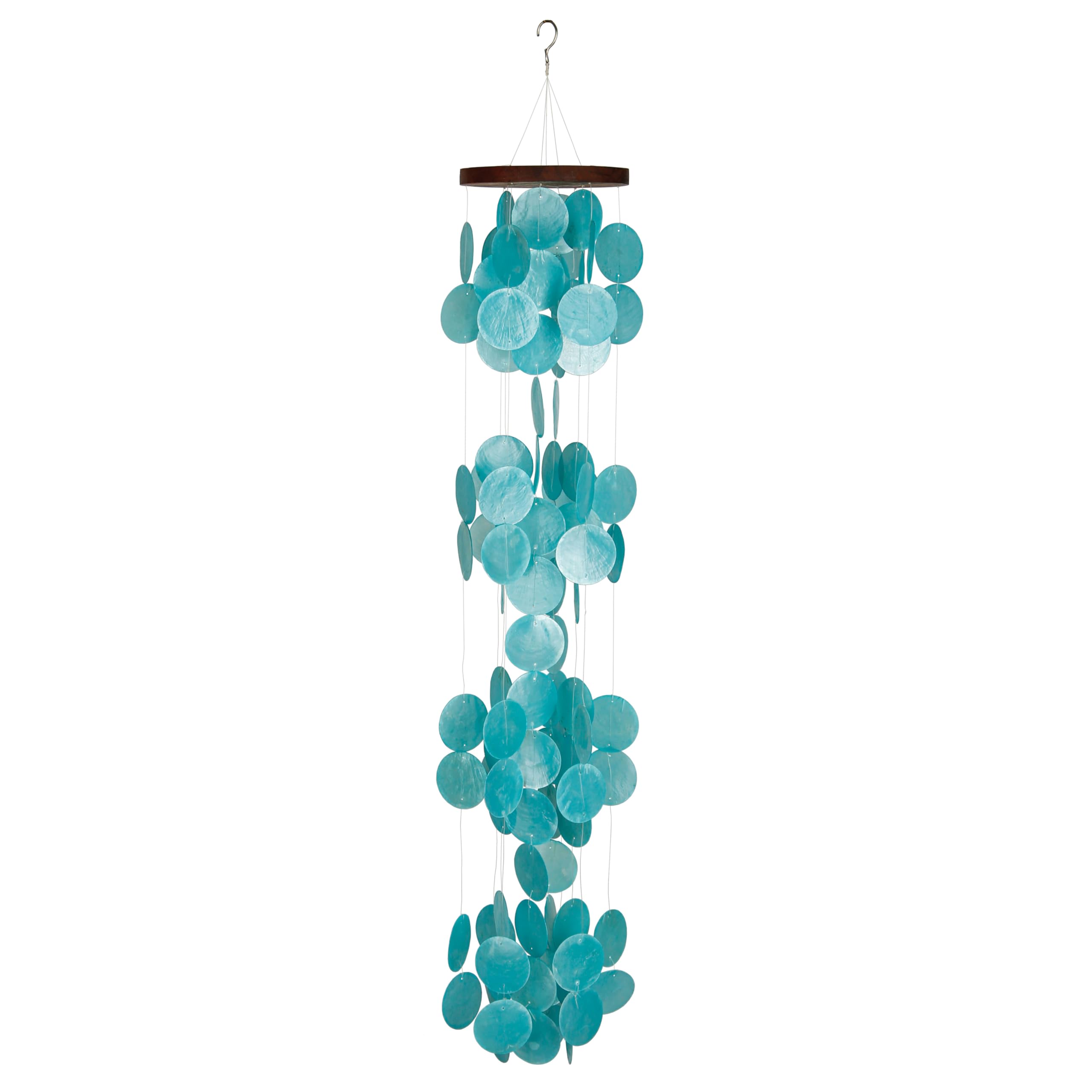 Woodstock Chimes front view of azure capiz waterfall chime showing calming color and shape