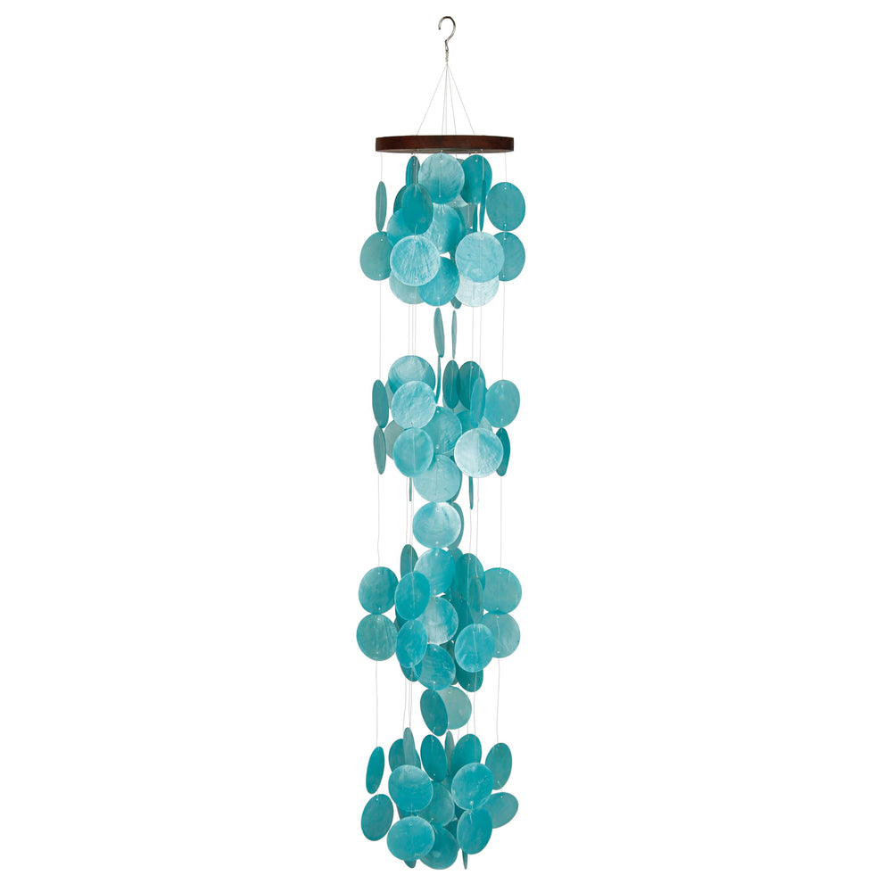Woodstock Chimes front view of azure capiz waterfall chime showing calming color and shape