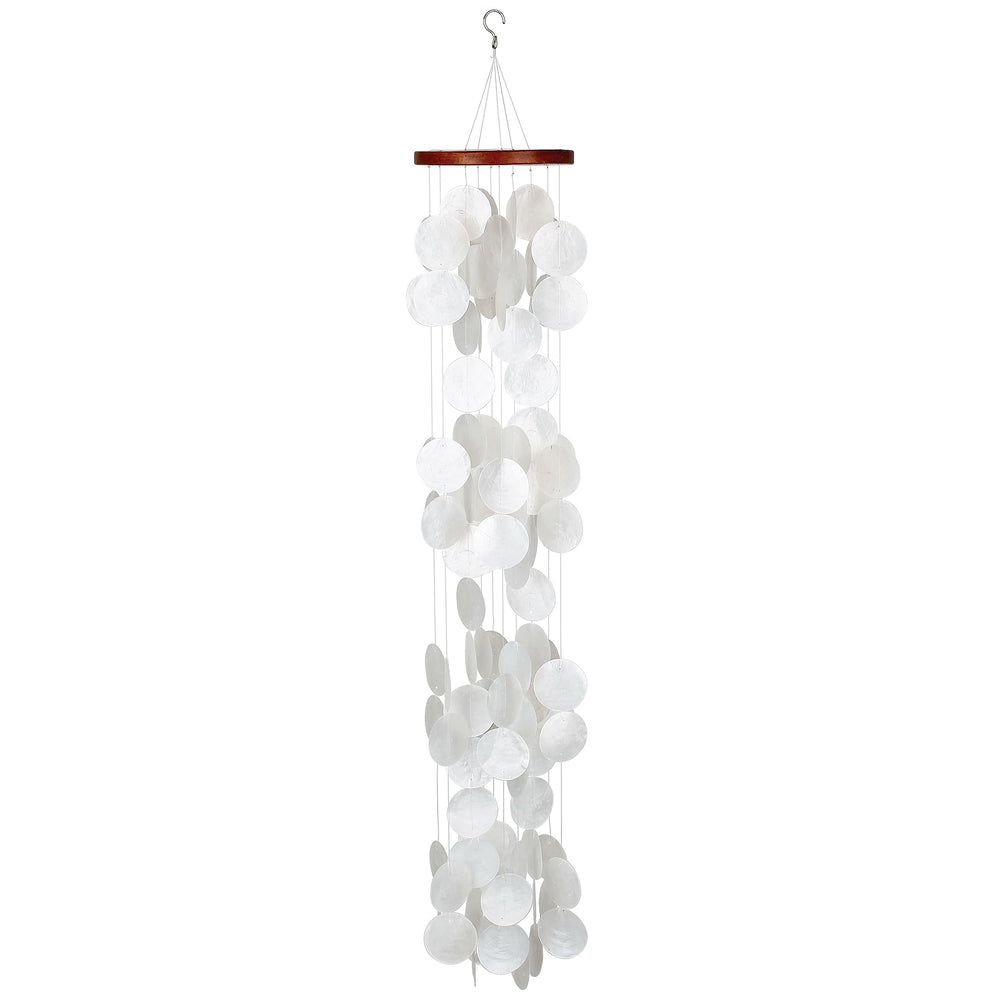 Woodstock Chimes front view showing 40 inch white capiz waterfall, adds coastal charm