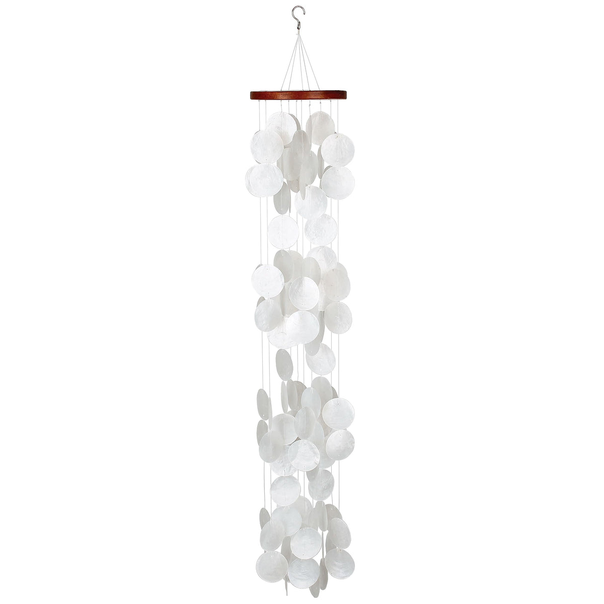 Woodstock Chimes front view showing 40 inch white capiz waterfall, adds coastal charm