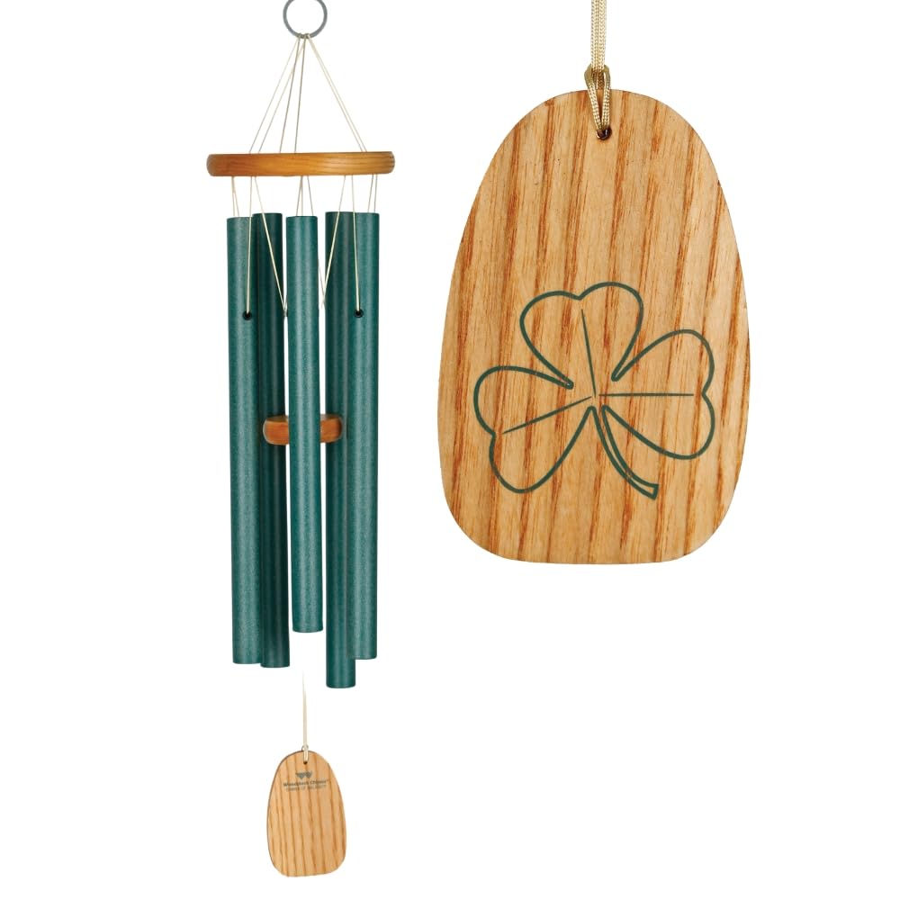 Woodstock Chimes front view showing green tubes and wood top for melodic garden decor