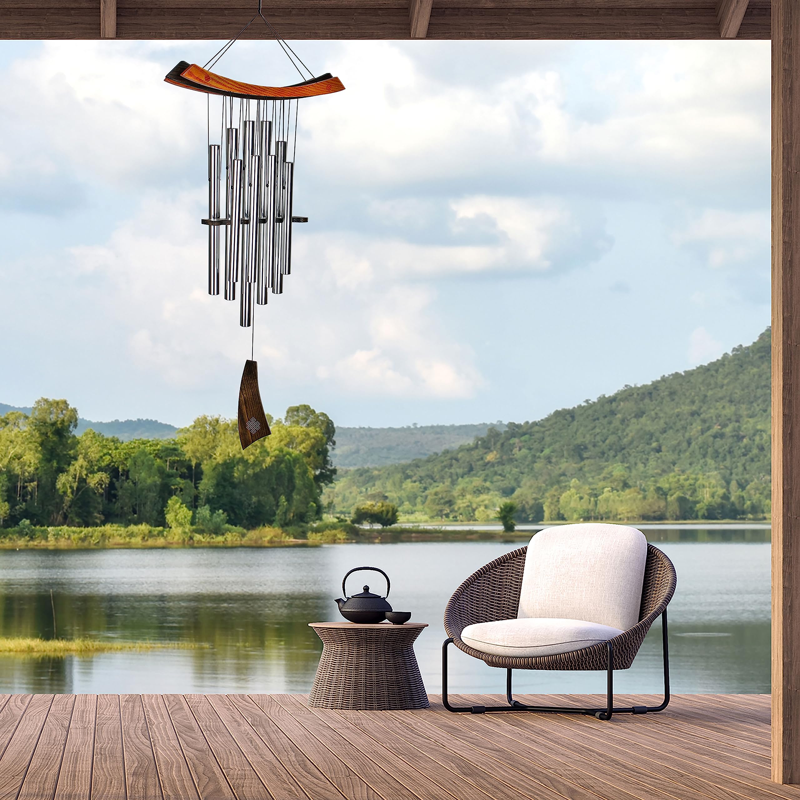 Woodstock Chimes close-up of polished silver tubes, highlighting durable aluminum and clear tone