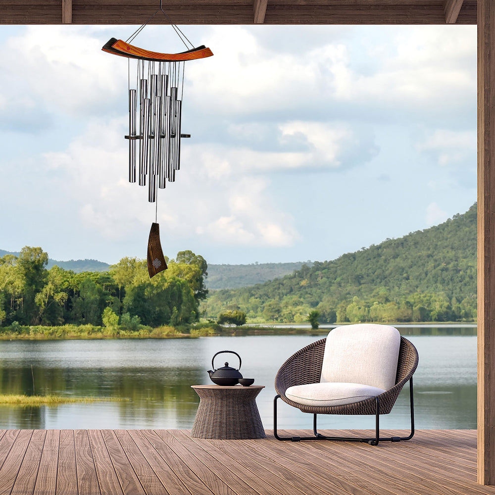 Woodstock Chimes close-up of polished silver tubes, highlighting durable aluminum and clear tone