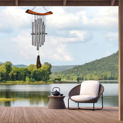 Woodstock Chimes close-up of polished silver tubes, highlighting durable aluminum and clear tone