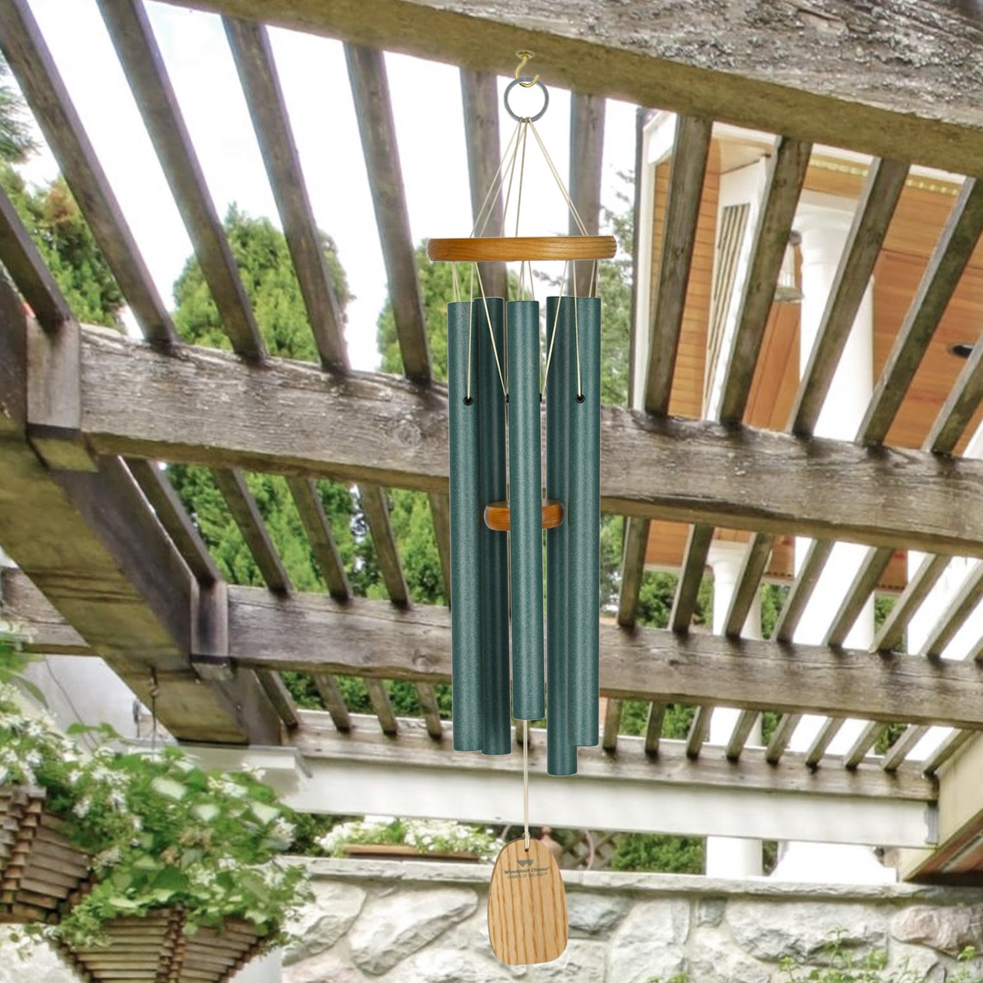 Woodstock Chimes close-up of emerald green tubes highlighting tuned sound and durability