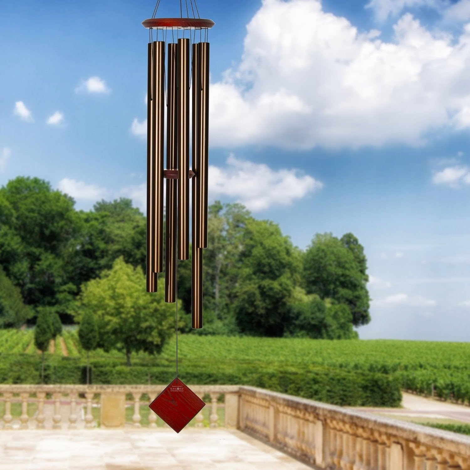 Woodstock Chimes close-up of bronze aluminum tubes highlighting clear musical tuning