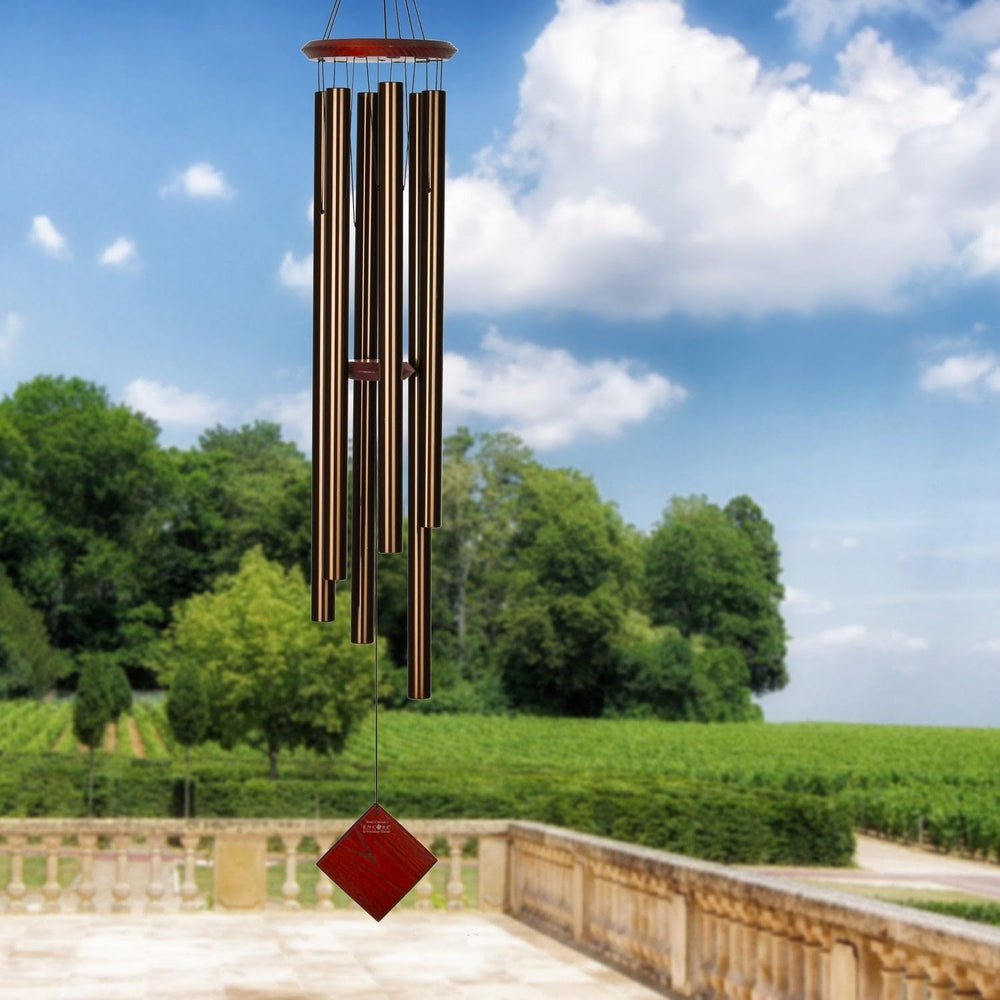 Woodstock Chimes close-up of bronze aluminum tubes highlighting clear musical tuning