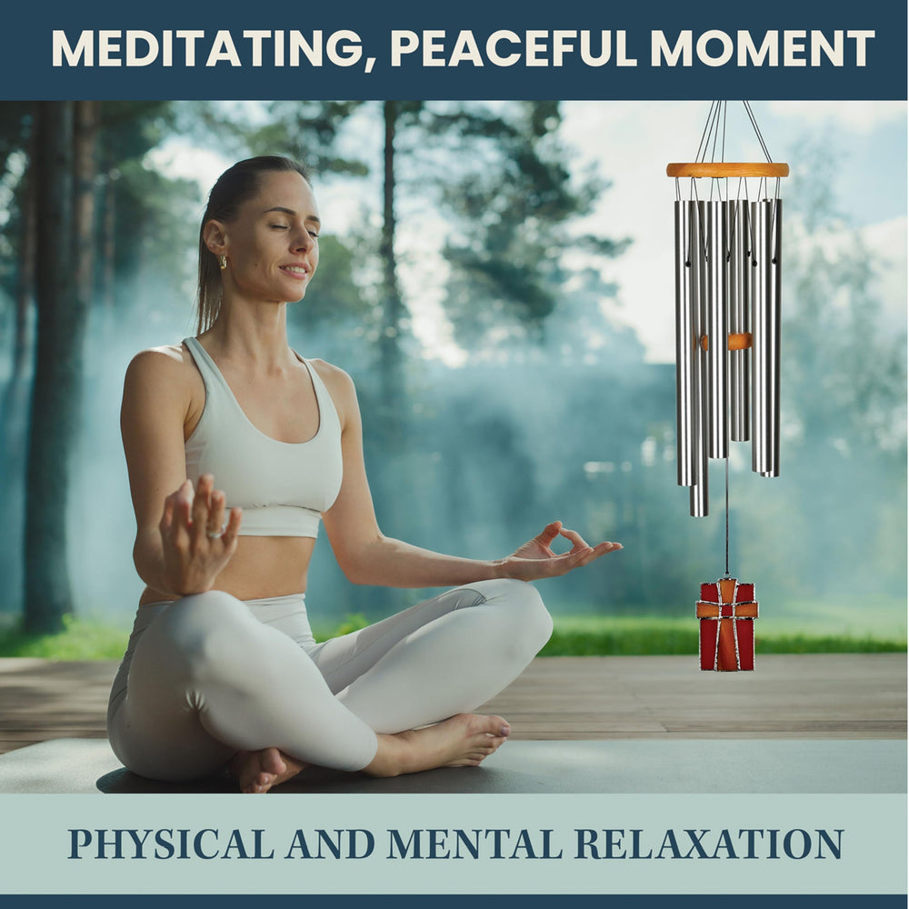 Woodstock Chimes hanging on porch lifestyle image offering peaceful ambiance