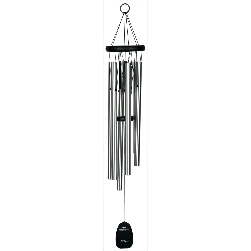 Woodstock Chimes front view showing silver tubes and black finish, adds elegant garden sound