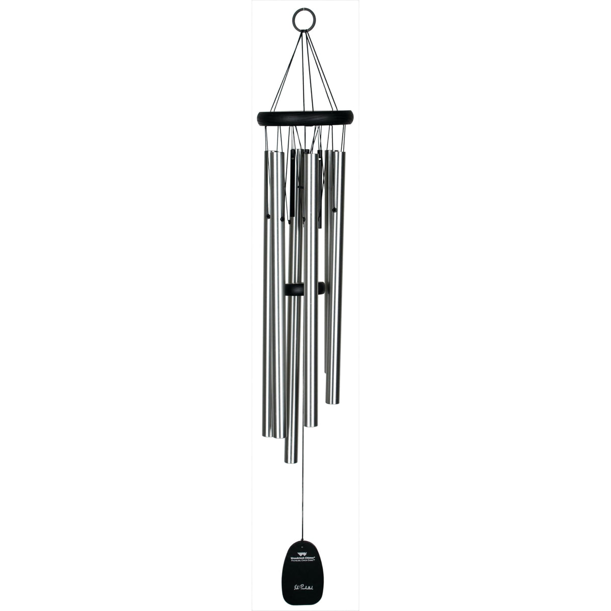 Woodstock Chimes front view showing silver tubes and black finish, adds elegant garden sound
