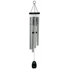 Woodstock Chimes front view showing silver tubes and black finish, adds elegant garden sound