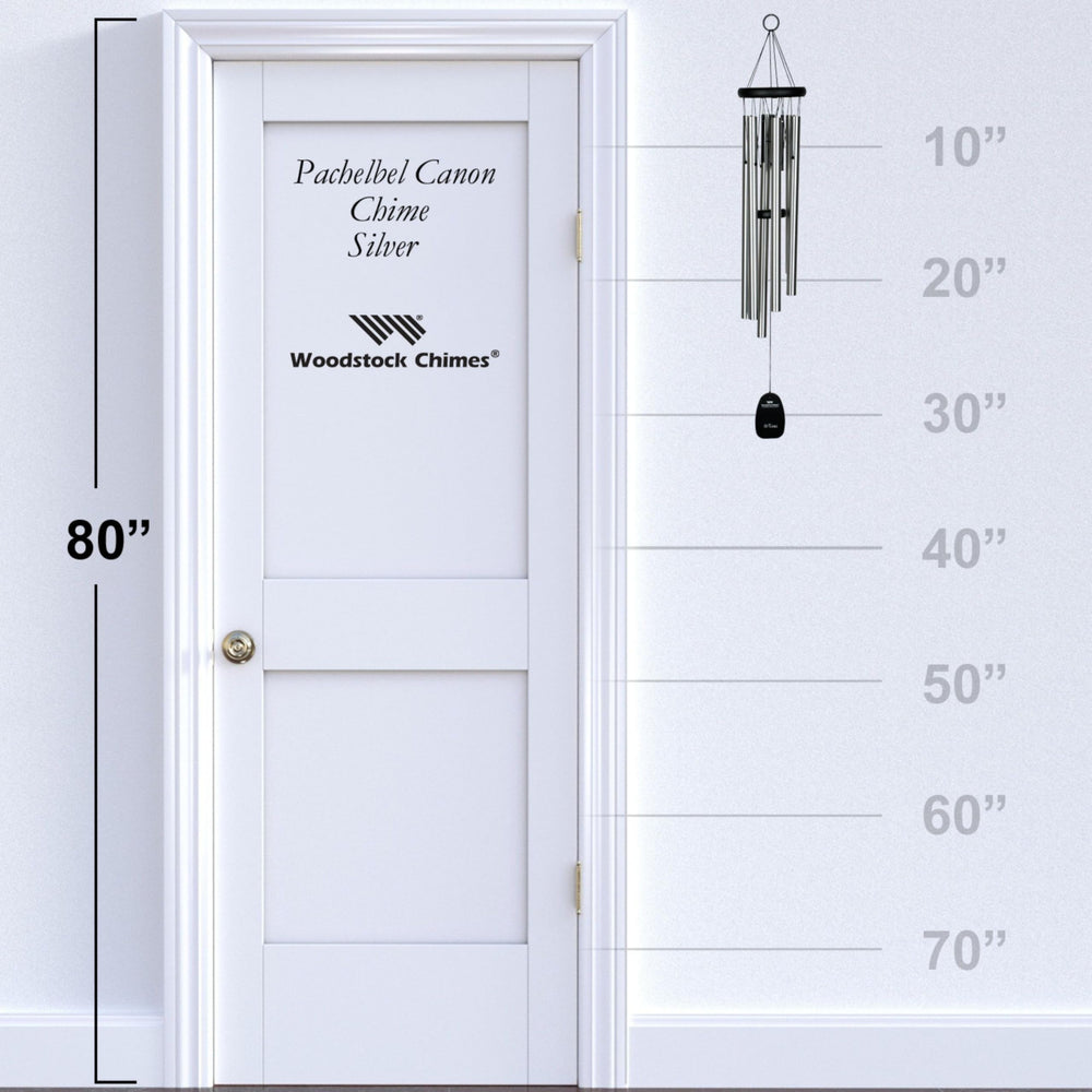 Woodstock Chimes beside ruler for scale, helps visualize 32-inch overall hanging length