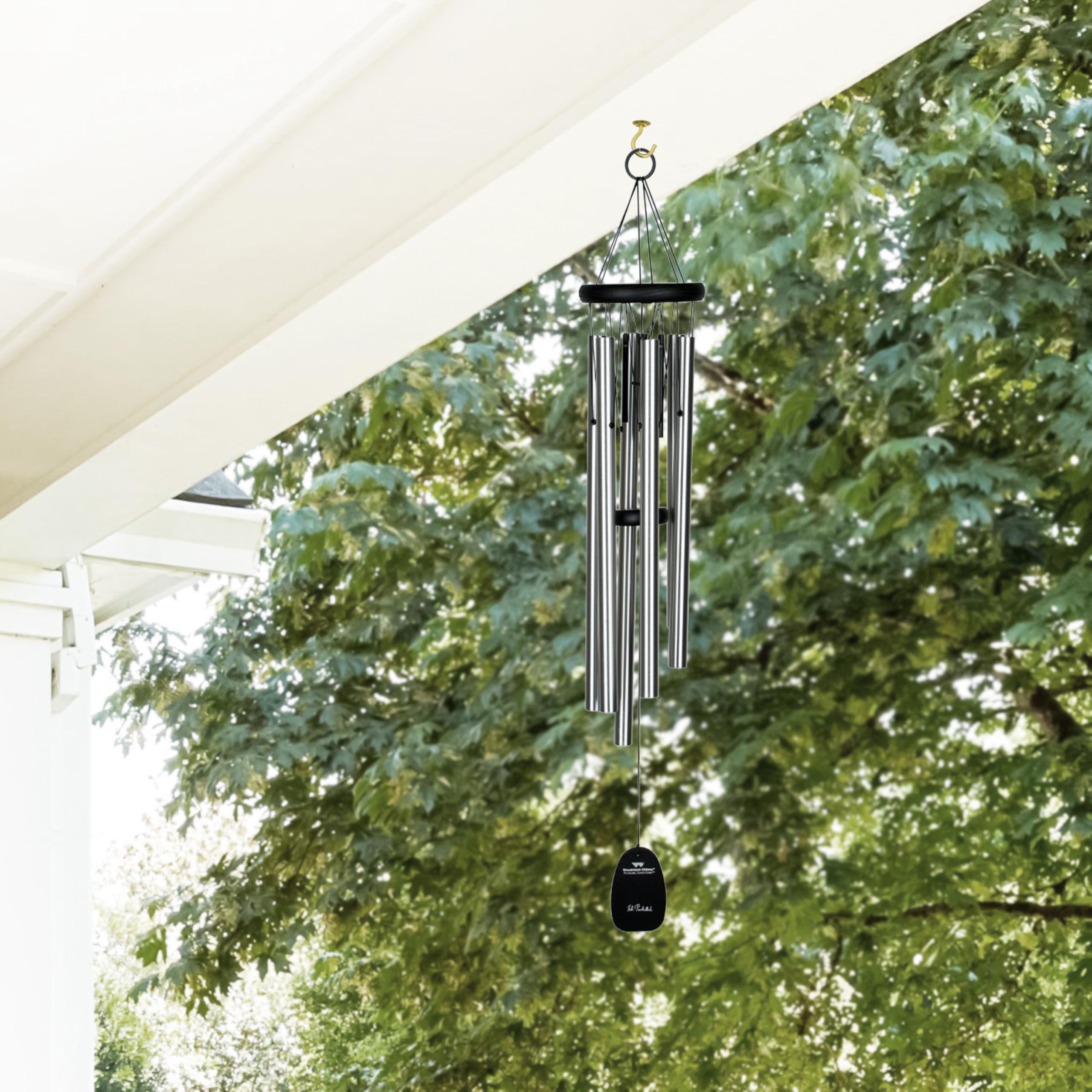 Woodstock Chimes close-up of high-polish silver aluminum tubes delivering clear, resonant tones